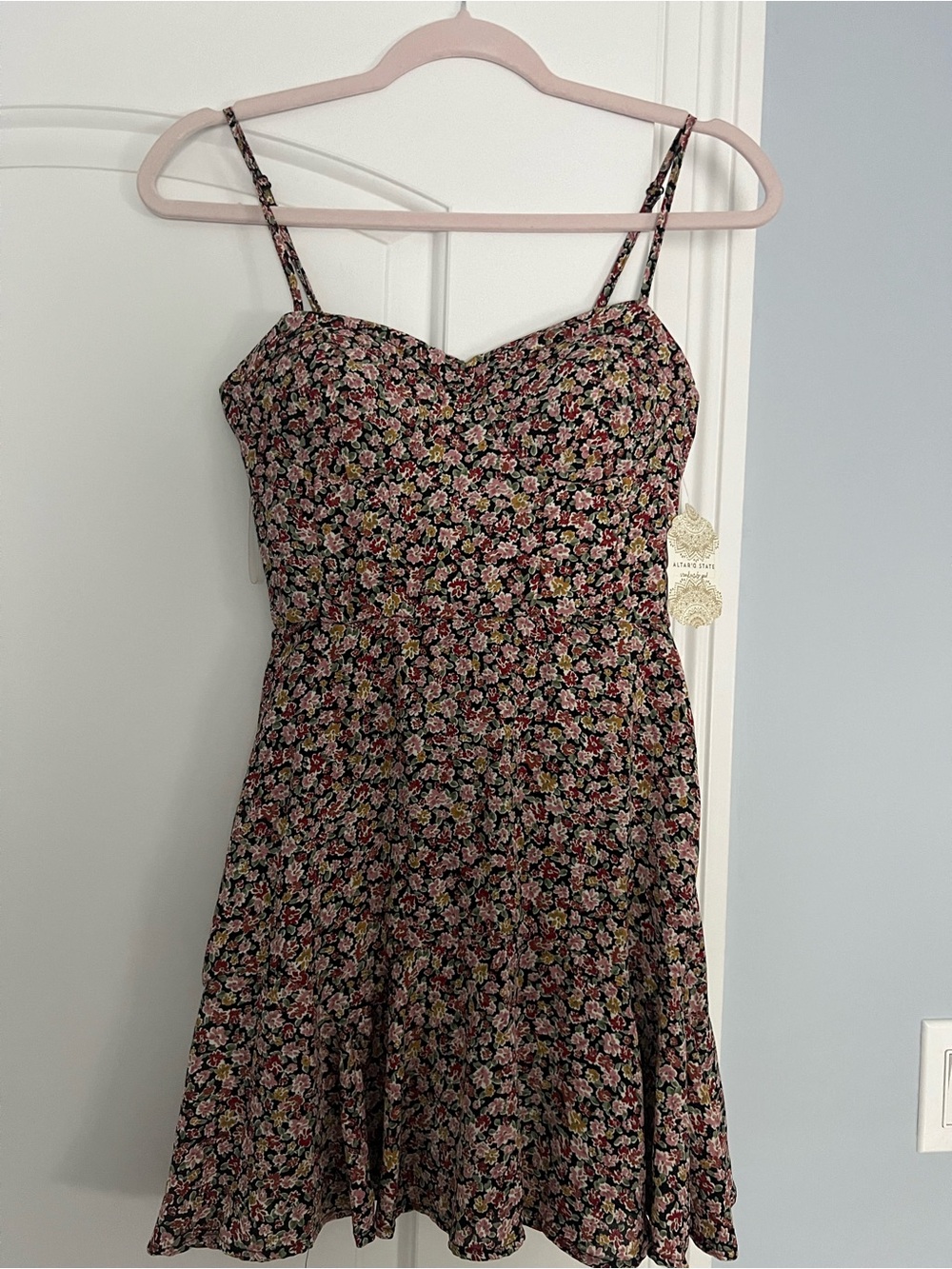 Altar'd State Black Floral Spaghetti-Strap Mini Dress